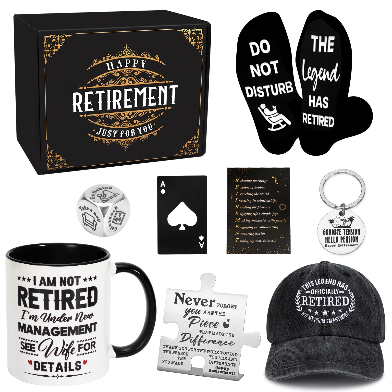 8 Pcs Retirement Gifts for Men 2026, The Legend has Retired Gift Ideas for Man Includes 11Oz Mug Cup Baseball Cap Socks Plaque Dice Keychain, Happy Retirement Gifts for Dad, Coworker, Boss, Teachers