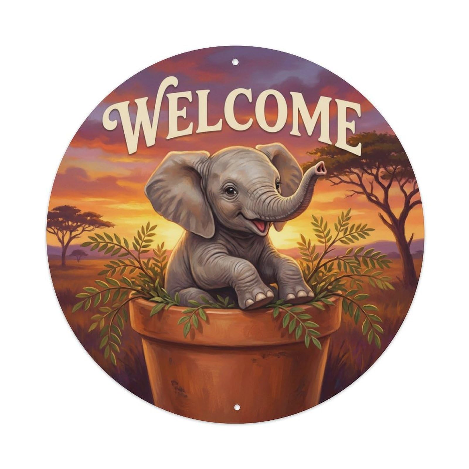Metal Tin Sign Welcome Elephant Savanna Sunset