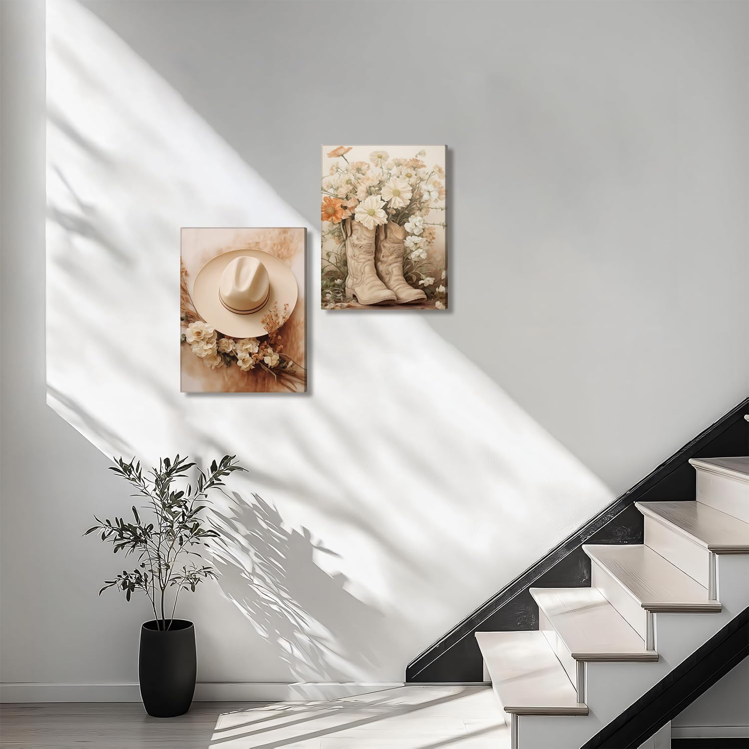 Floral Cowgirl Boots Canvas Wall Art Set of 2, Cowboy Hat with Flower Wall Decor Paintings, Trendy Preppy Western Aesthetic Prints Pictures, for Girls Bedroom Living Room Dorm 12x16 inch Framed - Image 3