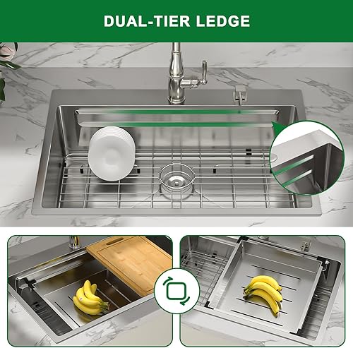 Miniatura 7 de Sarlai - Fregadero de cocina de 33 niveles con repisa de doble nivel, con estación de trabajo de 33 x 22 pulgadas, de acero inoxidable de calibre