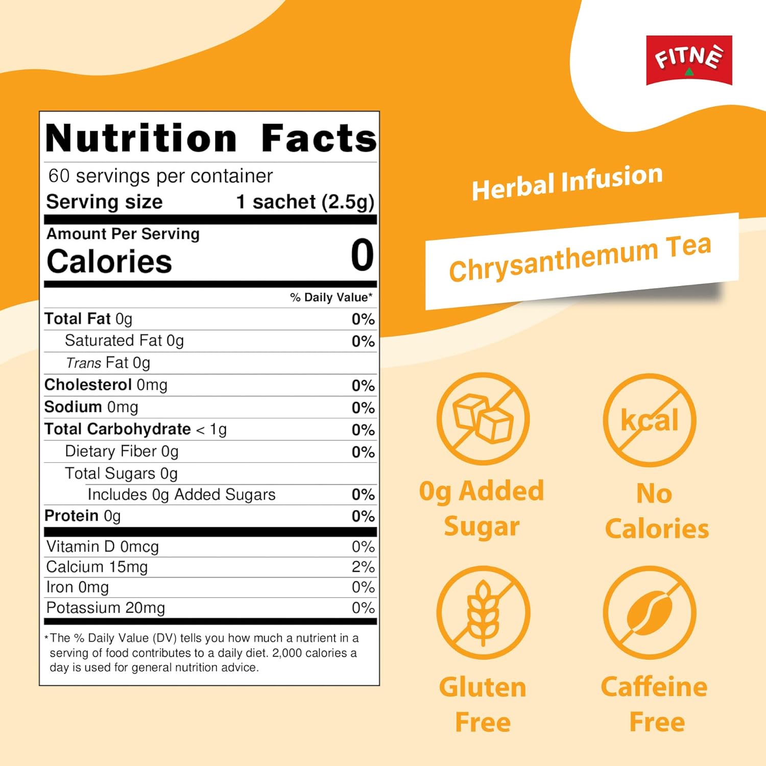 FITNÈ Chrysanthemum Herbal Tea Senna Infusion Smooth Mild Soothing Beverage Natural Gentle Detox Cleanse No Calories Caffeine Free, 60 Tea Bags