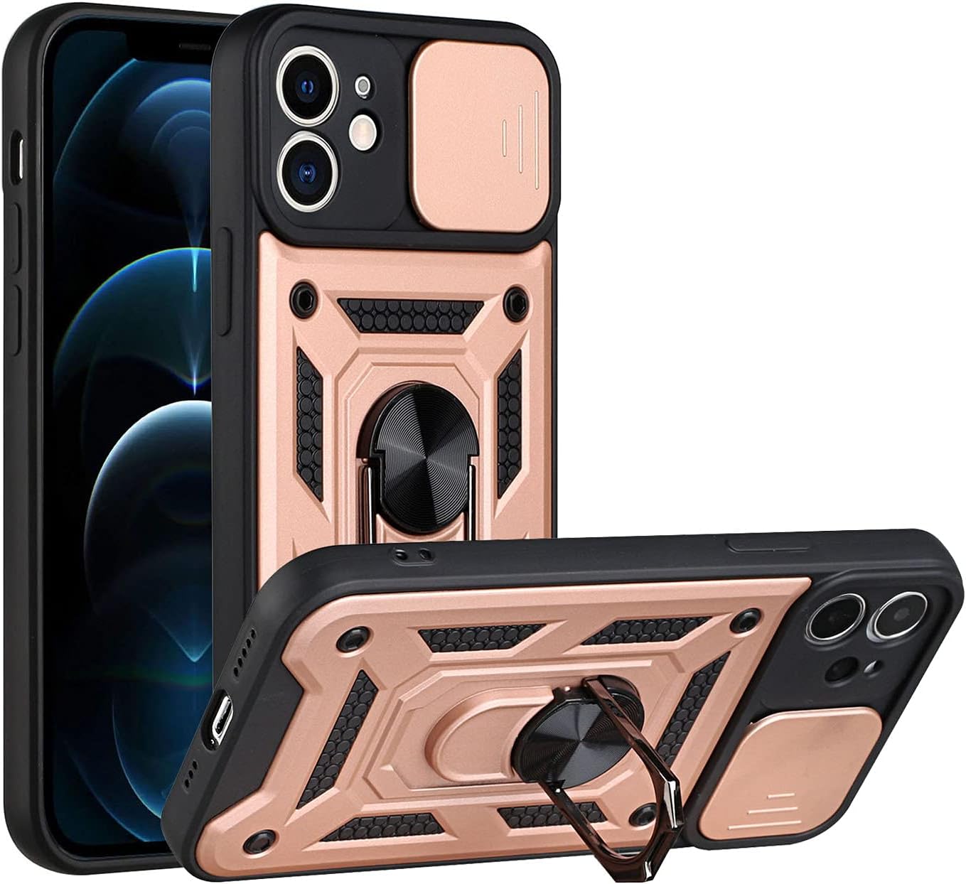 Compatible with iPhone 12 mini Phone Case【Car Mount Magnetic Stand Slide Lens 2 in 1 PC+TPU Protective】 Pink
