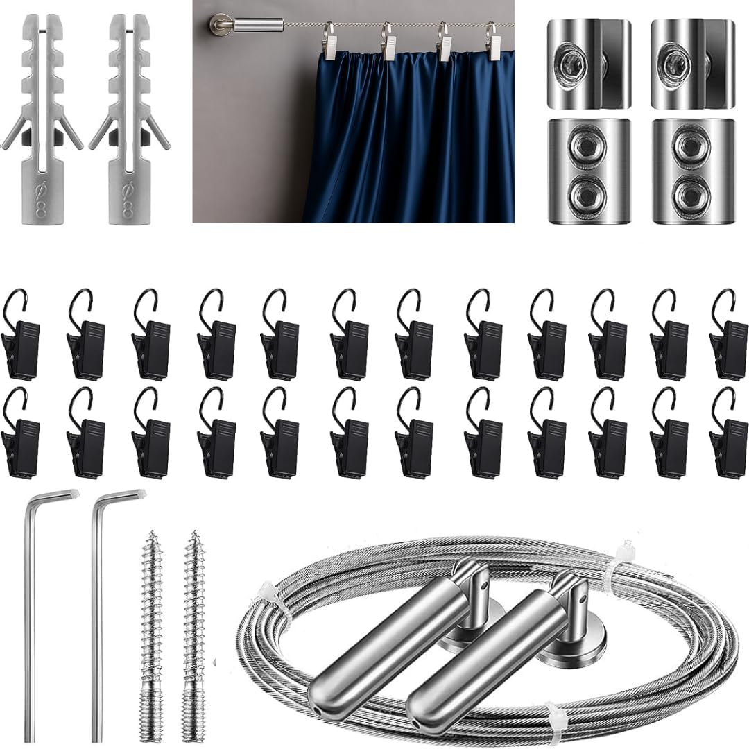 Stainless Steel Wire Curtain Hanging Kit with Clips, Adjustable Cable Curtain System for Windows & Doors, Silver Finish (Complete Set) 5 meter, 24 clips
