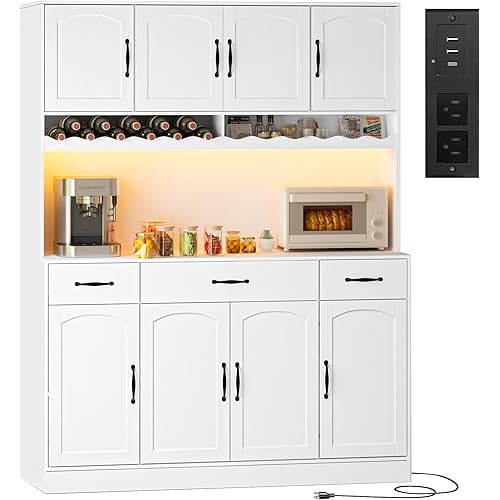 72" Tall Kitchen Pantry Cabinet with Charging Station 55" Wide Kitchen Hutch Cabinet with LED Light and Countertop Large Kitchen Pantry Storage Cabinet With Adjustable Shelves and Wine Rack