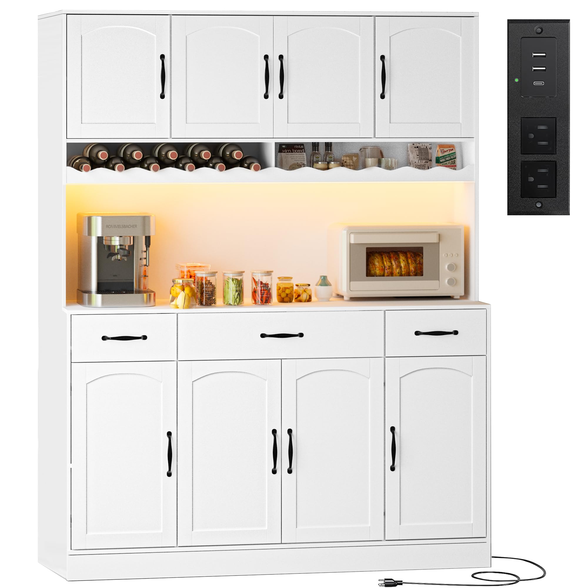 72" Tall Kitchen Pantry Cabinet with Charging Station 55" Wide Kitchen Hutch Cabinet with LED Light and Countertop Large Kitchen Pantry Storage Cabinet With Adjustable Shelves and Wine Rack