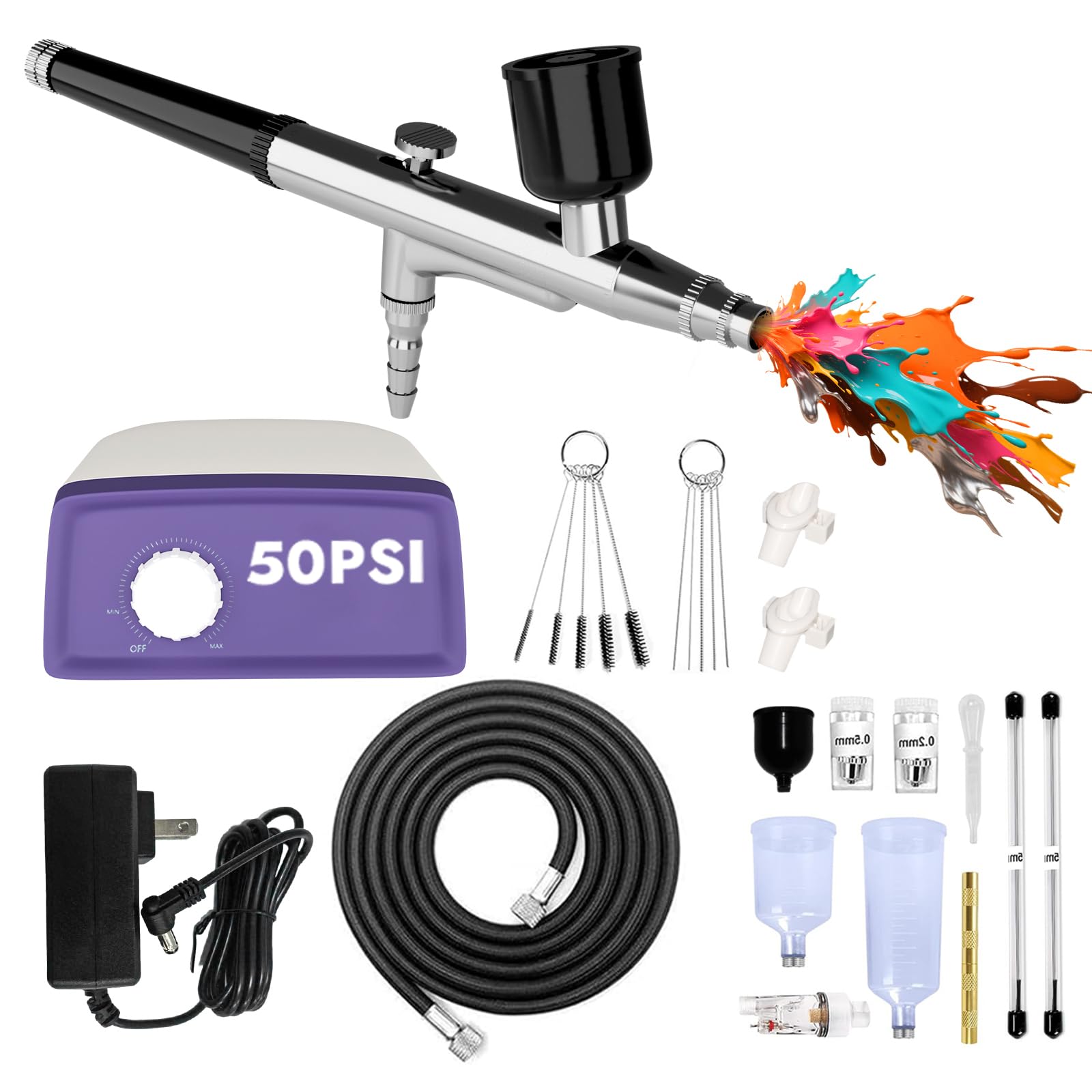 50 PSI Airbrush Set mit tragbarem Kompressor, Dual Action Multi Funktion Airbrush Set mit 0,2/0,4/0,5mm Düsen/Reinigungssets für Kuchendekoration, Makeup, Modellbau
