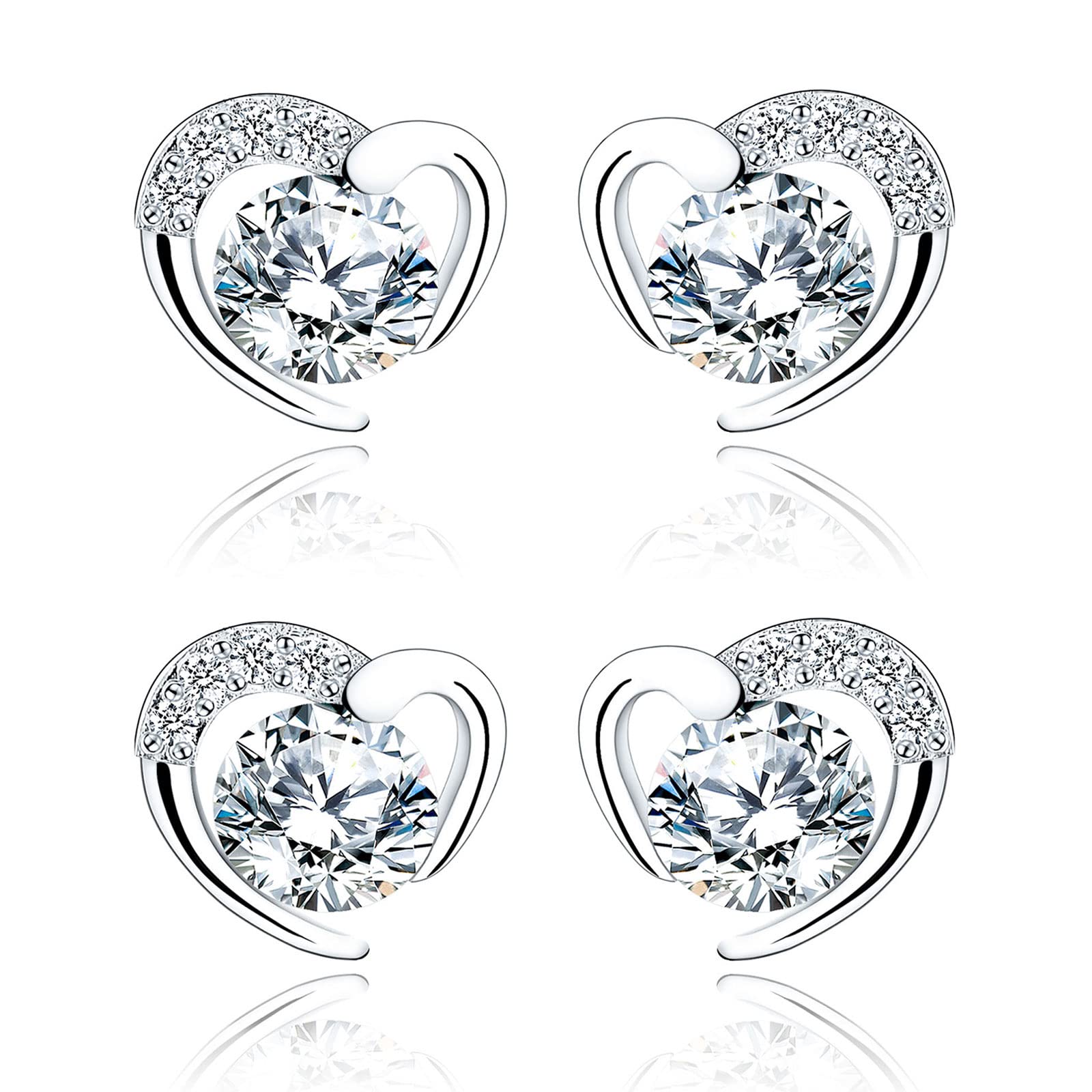 Silver Stud Earrings for Women, Stud Earrings White Gold Cubic Zirconia Heart Studs│Dainty Earrings Jewellery Gifts for Girls