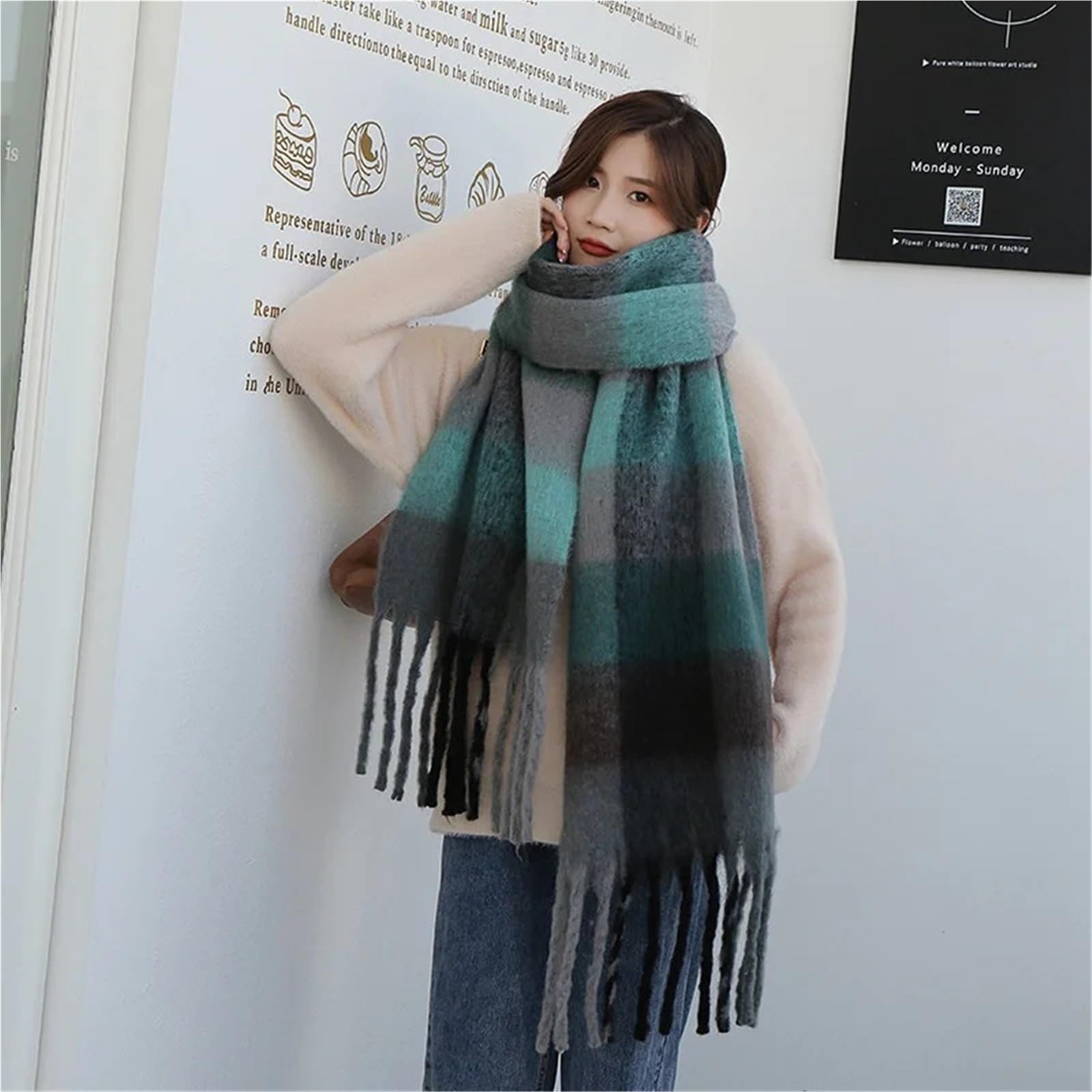 Sciarpa Invernale in Pashmina di Cashmere da Donna, Calda Coperta Scialle con Lunghe Nappe(C)