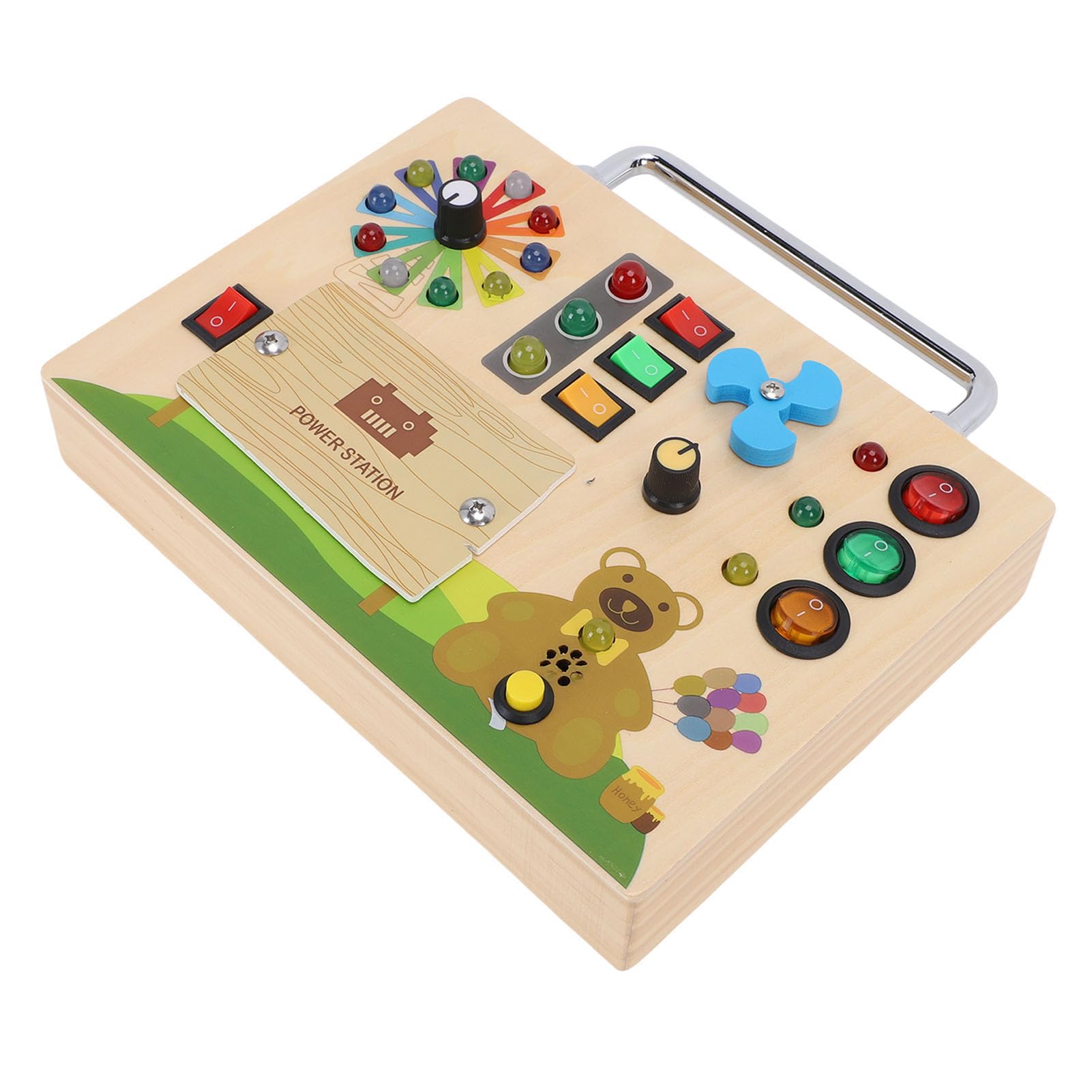 Busy Board, Sensorisches Holzspielzeug, -Aktivitätsbrett mit LED-Lichtern und Ampelwerkzeug für die Entwicklung der Feinmotorik von Kleinkindern auf Reisen