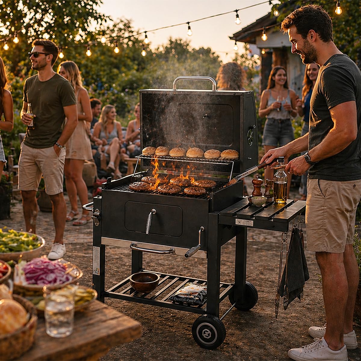 Holzkohlegrill XL BBQ Grillwagen Verstellbarer Standgrill mit Deckel Quadratischer Barbecue Gartengrill aus Eisen - Garten Camping Terrasse - Grillrost und Thermometer Holzkohle Grill
