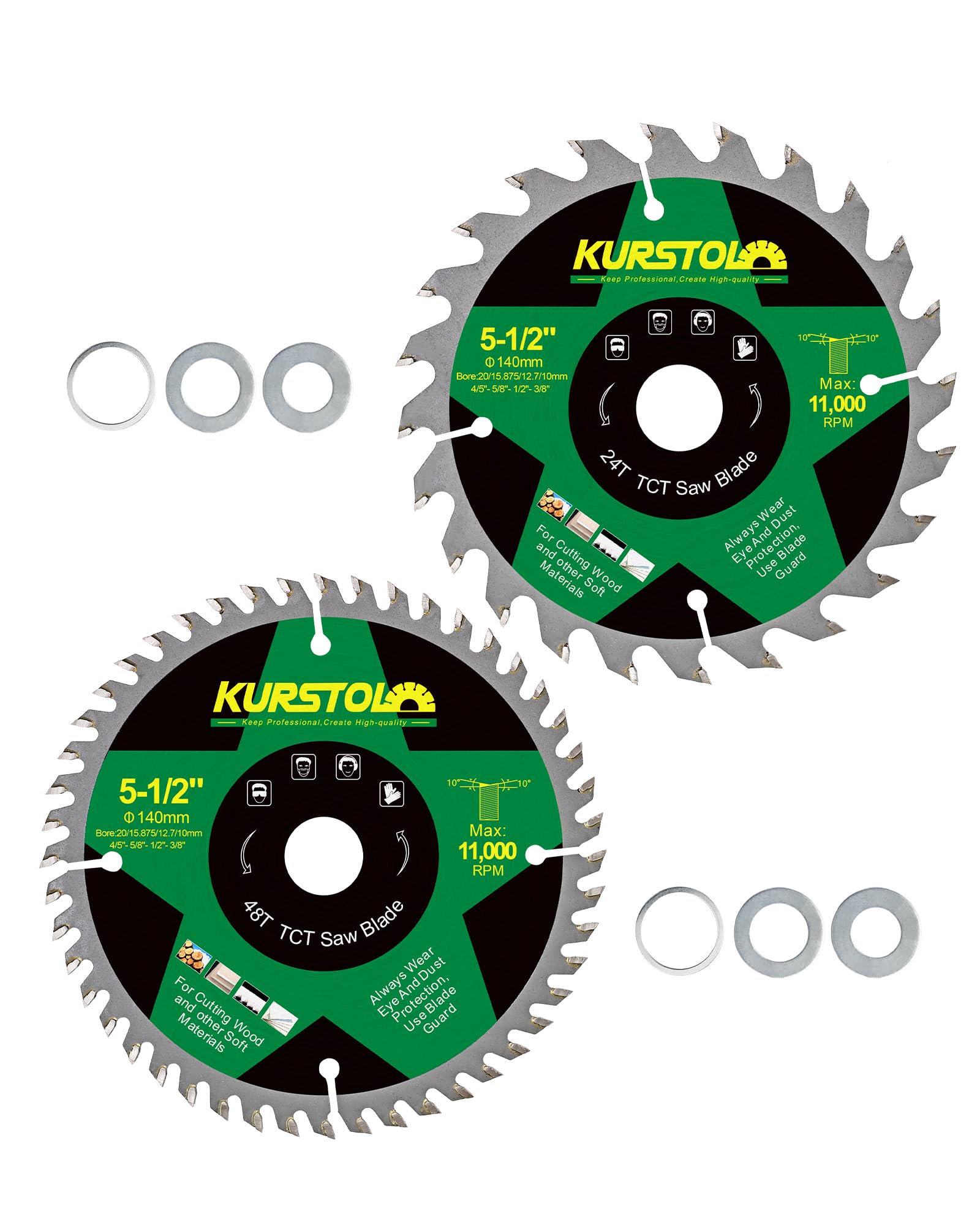 KURSTOL Wood Circular Saw Blade - 140 x 20 x 12.7mm 24&48T TCT Cutting Blade for Wood, Plastic, Plywood, Particle Boards, Multilayer Boards(2 Pack)