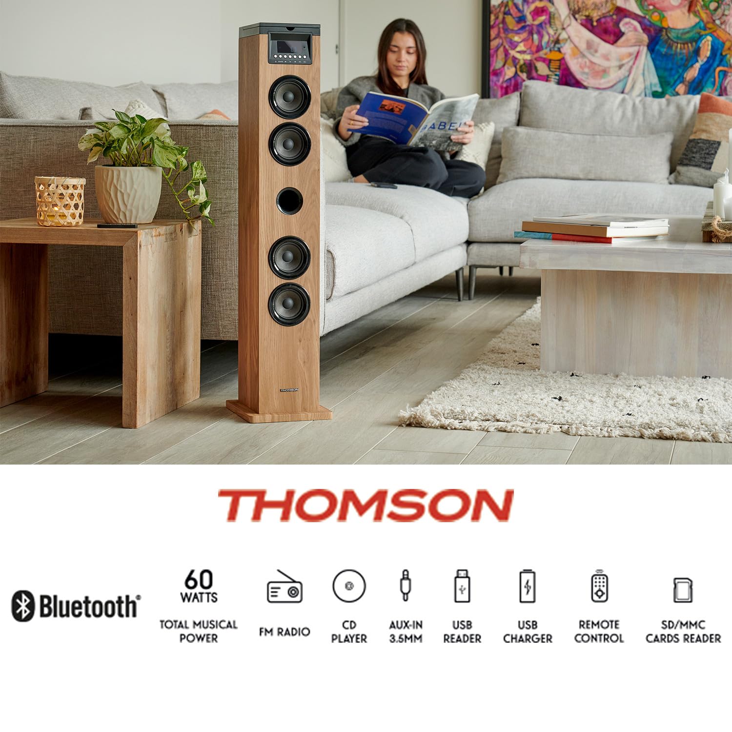 Tour de Son Thomson DS122CD - 60W - HiFi Bluetooth, Lecteur CD, télécommande, AUX in, Radio FM - Bois/Noir, Jeu de lumière LED