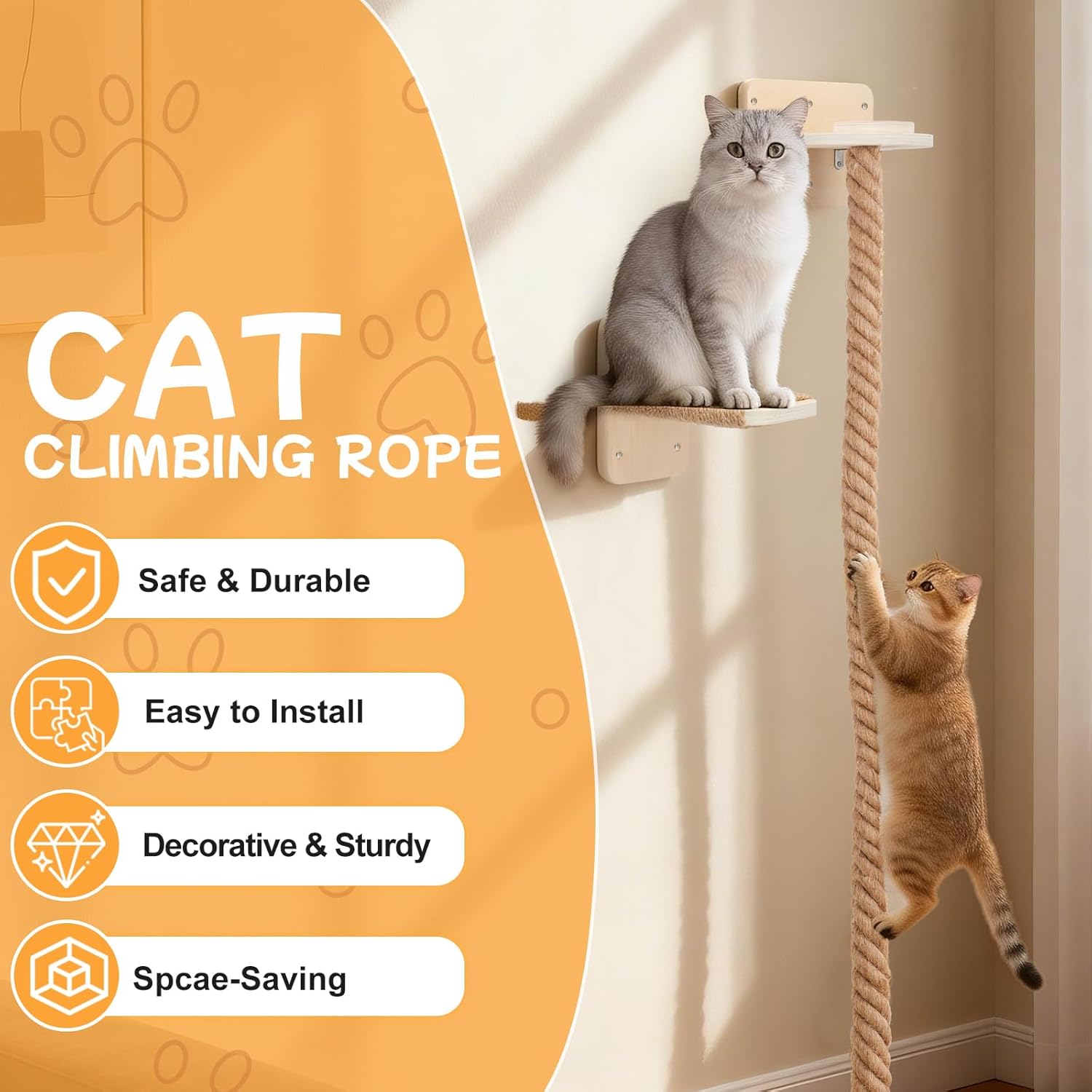 Uross 2.2" x 6.49Ft Cat Climbing Rope Wall Mounted with Jumping Platform Thick Natural Jute Rope Ladder & Scratching Post, Heavy Duty Cat Wall Furniture for Indoor Cats, Kittens & Large Cats