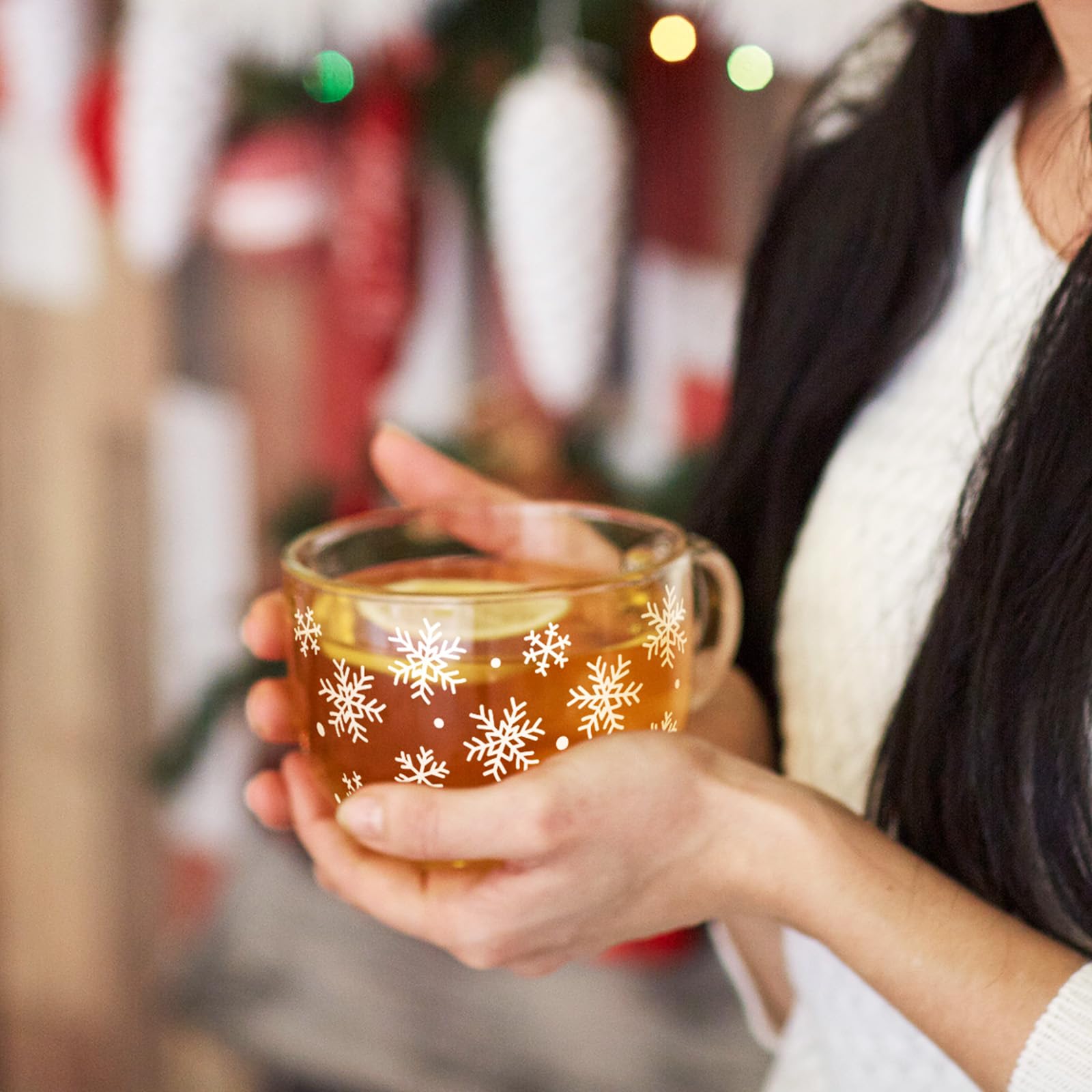 Sliner 6 tazze da caffè natalizie in vetro con manico, 473,6 ml, trasparenti, con piedistallo, bicchieri da caffè natalizi, tazze invernali per le vacanze, per bevande, latte, cioccolata calda per