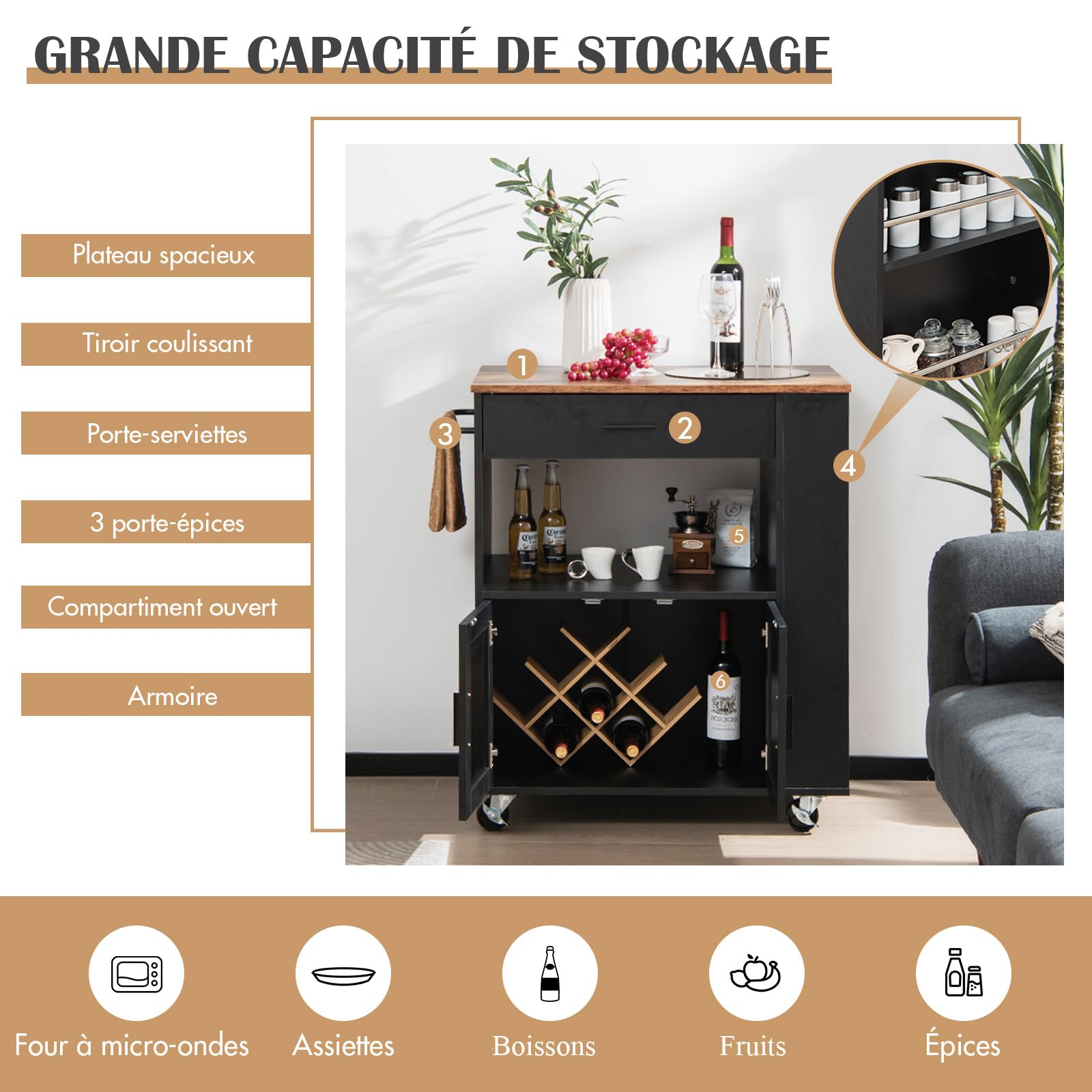 GOPLUS Desserte à roulettes, Chariot Cuisine Rangement avec Placard, Armoire, Support à Épices 3 Niveaux et Porte-Serviettes, Meuble Rangement pour Cuisine, 82 x 50 x 92 cm (Noir+Brun, Moderne)