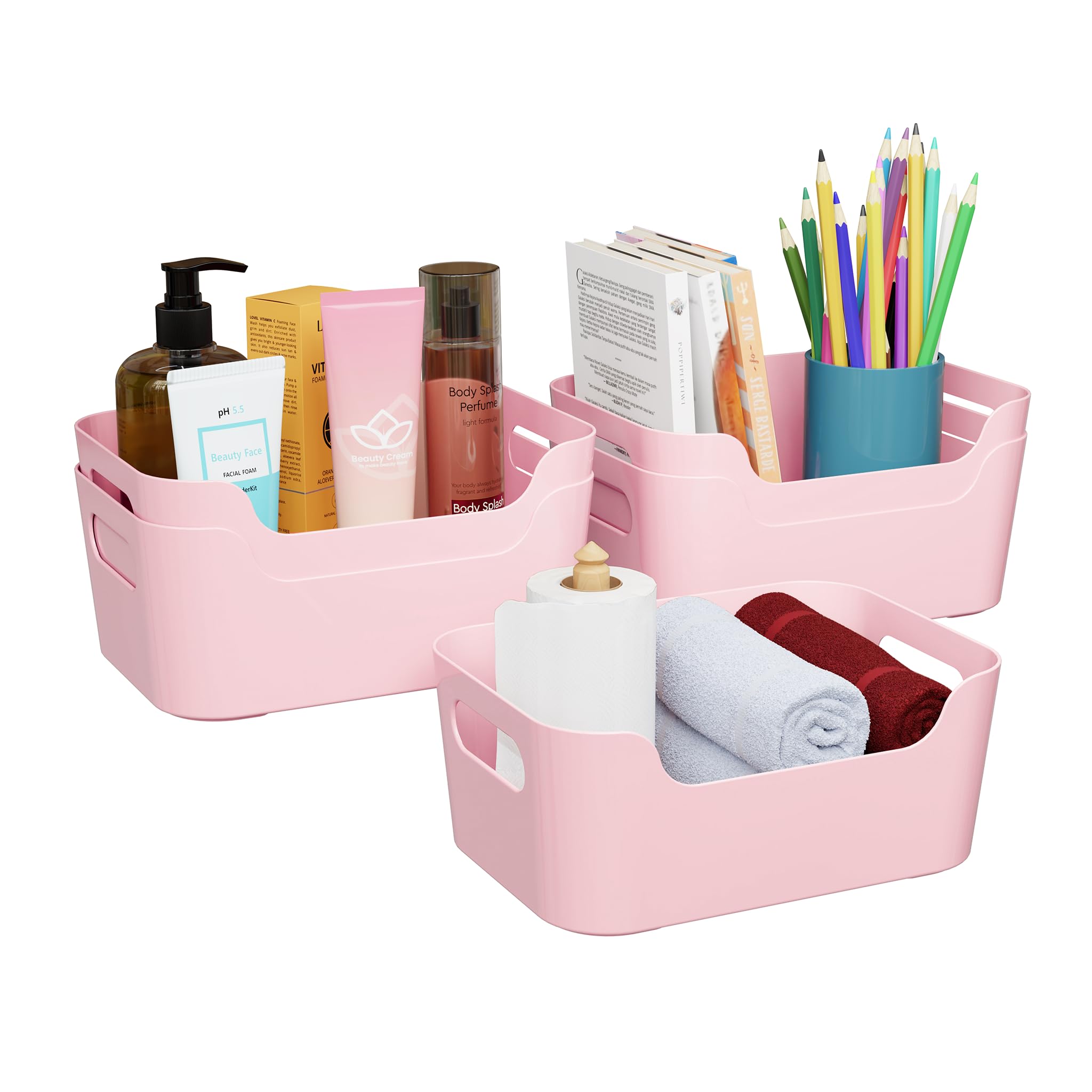 TEX-RO Storage Box and Organiser | Storage Organiser | Organizer Storage Box for Home & Kitchen | Durable Storage Basket & Plastic Basket for Storage (Pack of 5, Light Pink)