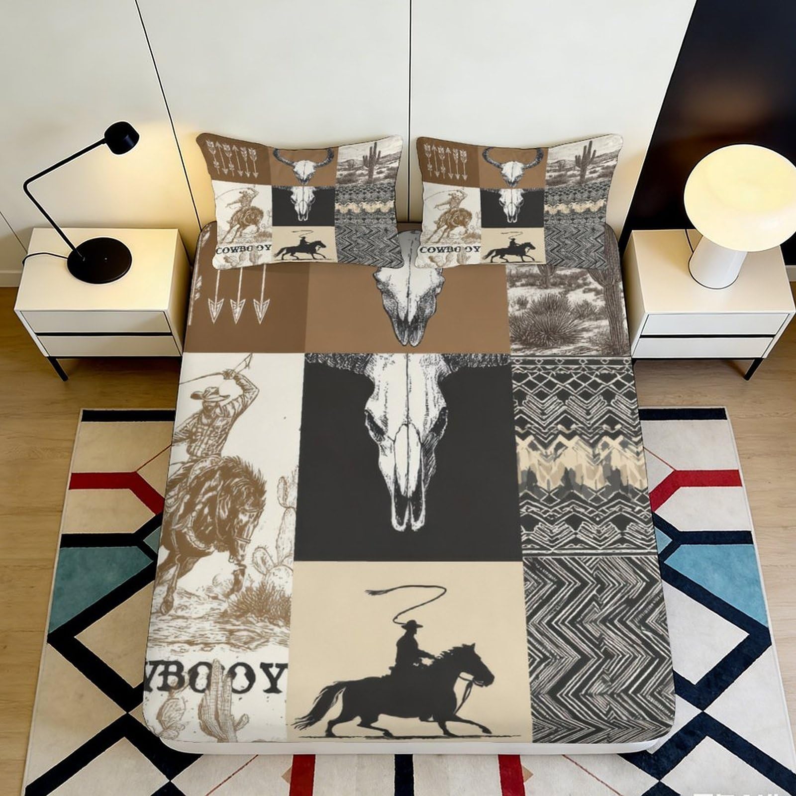 3D Printed Western Cowboy Fitted Sheet Microfiber Soft Breathable Skull Bed Cover for Bedroom Guest Room Decor 90x200x25cm