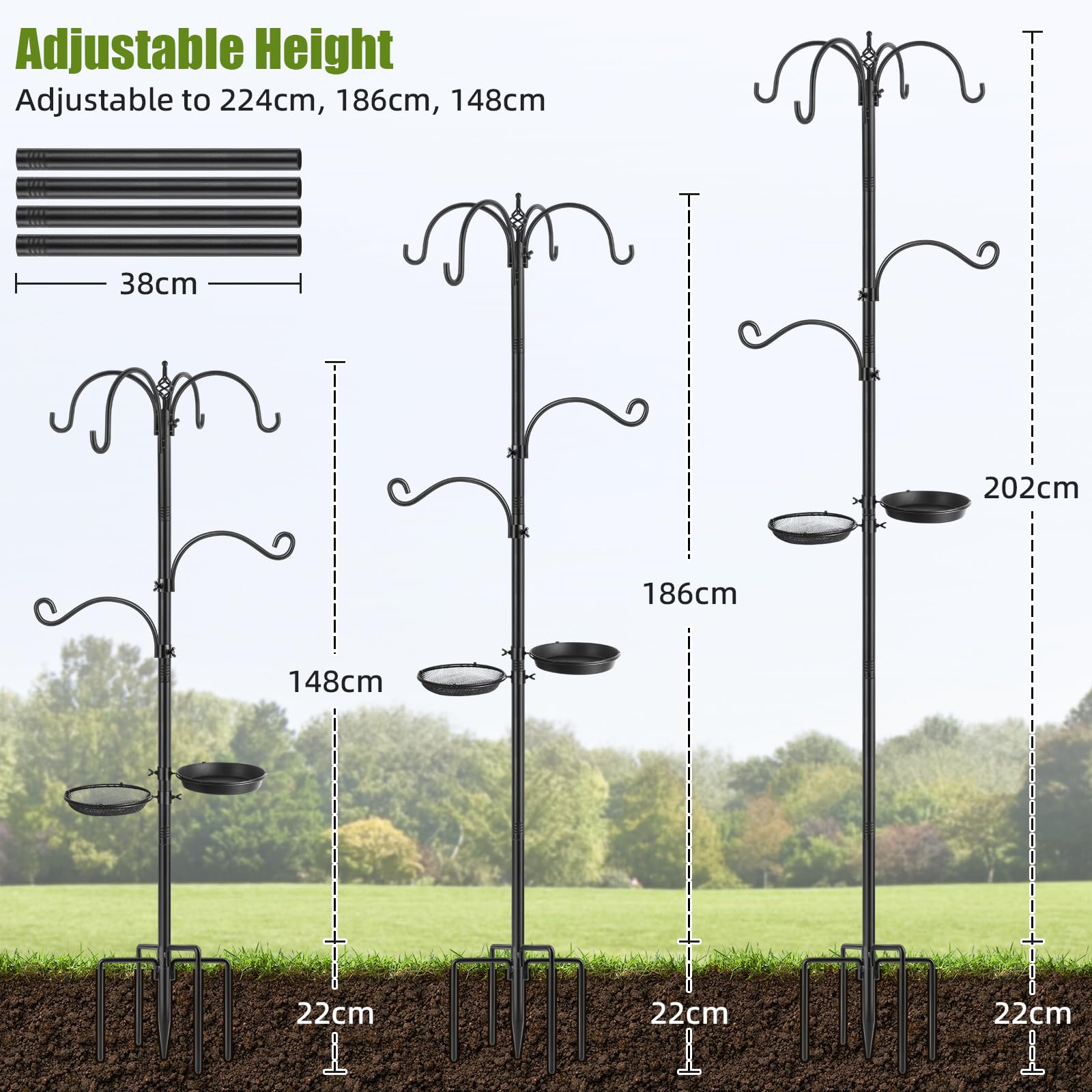 Mangiatoia per uccelli da appendere, 224 cm, resistente, con ciotola per acqua e vassoio per semi, gancio per pastore per giardino all'aperto