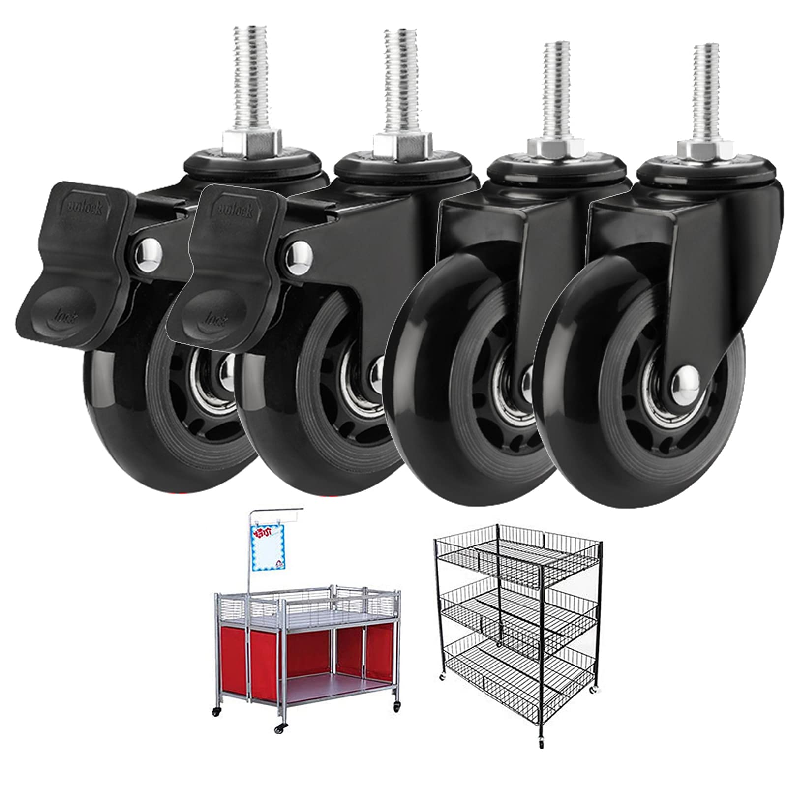roulettes pivotantes Robustes de 2,5" (64 mm) avec Tige filetée M8 x 25 mm M10 x 25 mm roulettes en PU de Remplacement pour Meubles roulettes industrielles (Taille : Noir M8 x 25 mm, Couleur