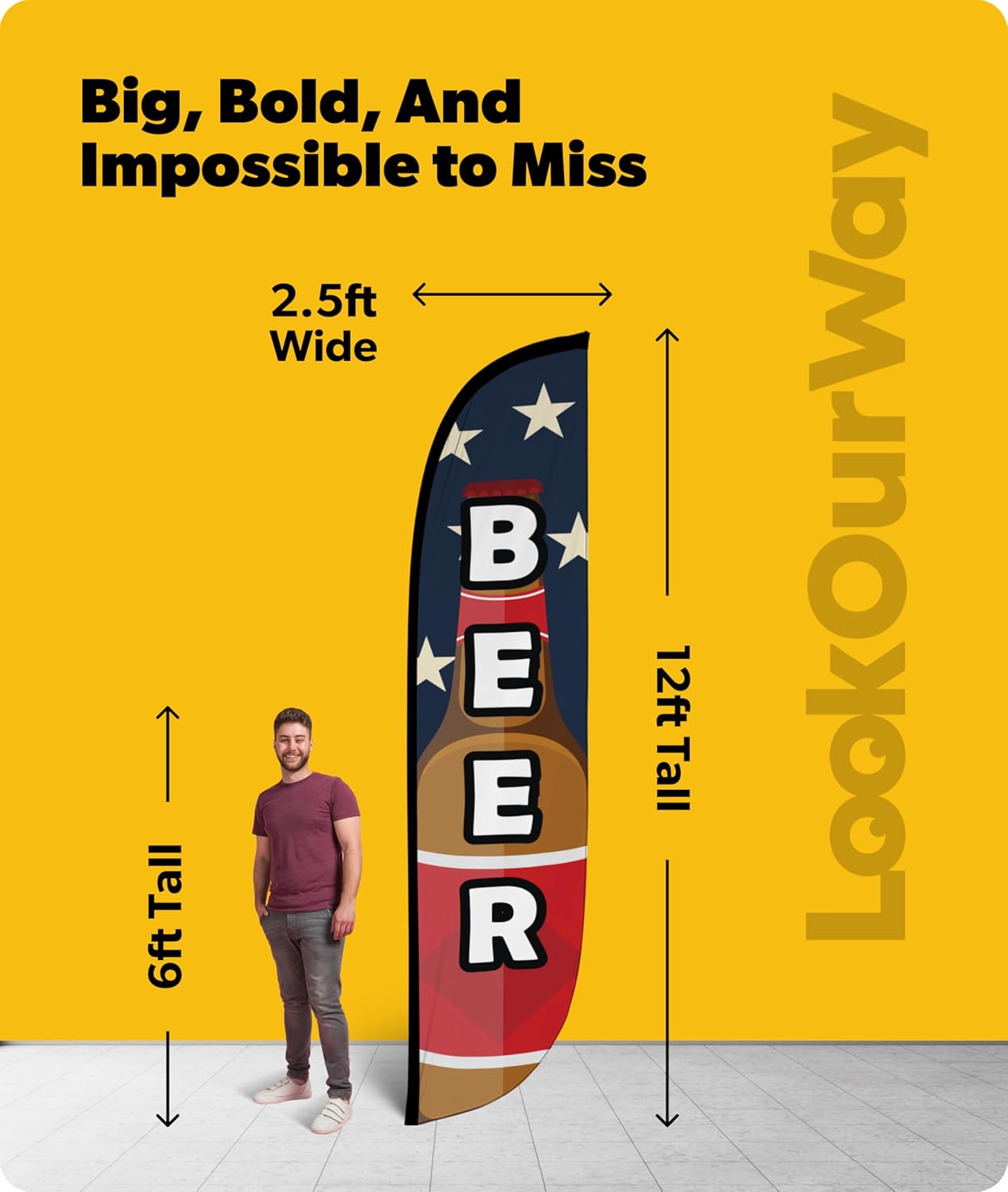 LookOurWay Feather Flag Banner - 12 Feet Tall Advertising Flags for Outdoor Business and Events Promotion - Swooper Flag Only - Beer & Liquor Flags - Beer American Flag (10M1200154)