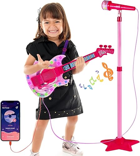Milk Frog Juguetes de guitarra para niñas, juego de guitarra y micrófono con gafas, máquina de karaoke con música y luz, instrumentos musicales,