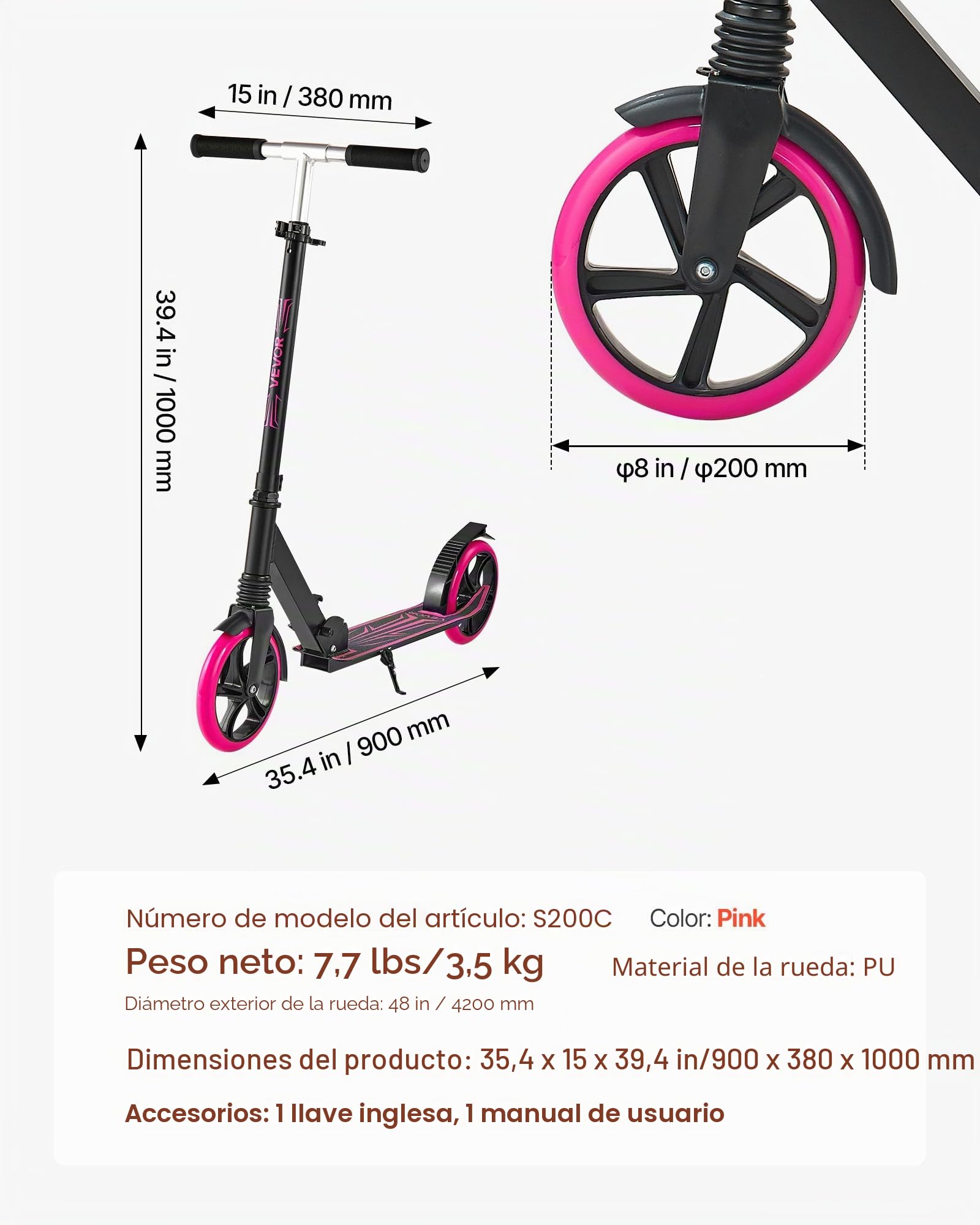 VEVOR Patinete para Niños a Partir de 8 Años, 2 Ruedas, con Manillar Regulable en Altura y Base Antideslizante, Marco de Aleación de Aluminio, Soporta hasta 100 kg, Rosa, 900 x 380 x 1000 mm