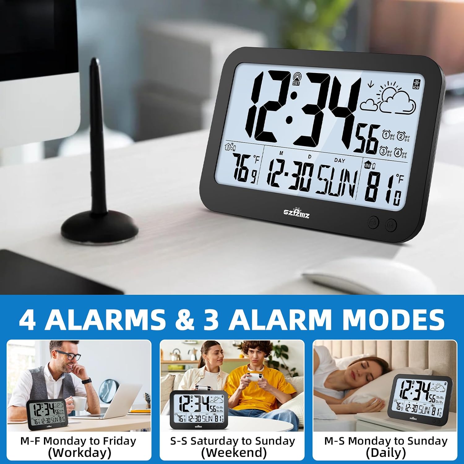 Atomic Clock,10" Digital Clock Large Display, Wall Clocks Battery Operated with Backlight, Wireless Outdoor Sensor, Alarm Clock Indoor Outdoor Temp, 4 Time Zones, Auto DST, Clock for Bedroom (Black)