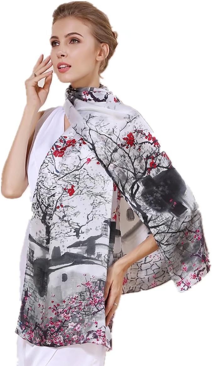 Women's 100% Charmeuse Mulberry Silk Long Scarf For Gift Hair Ladies Shawls Floral And Butterfly Scarves