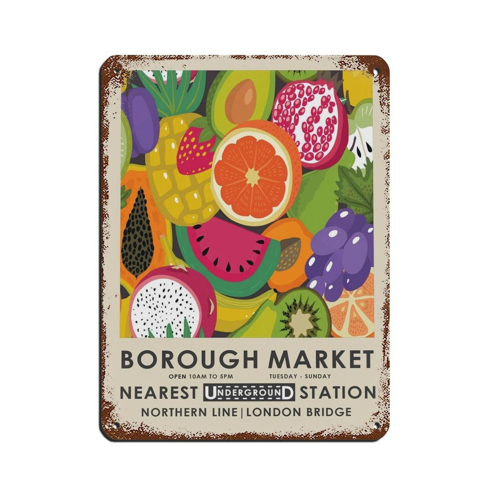 Borough Market, Farmers Market, Kitchen Retro Poster Metal Tin Sign Chic Art Retro Iron Painting Bar People Cave Cafe Family Garage Poster Wall Decoration 12x16inch(30x40cm)