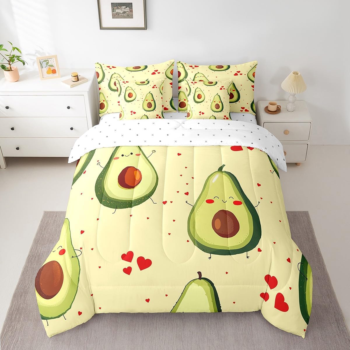 Manfei Cute Avocado Kids Comforter Set Queen Size, Fruits Theme Bedding for Girls Teens Adults, Kawaii Avocado Bed Set 7pcs with Comforter, Fitted Sheet, Flat Sheet, Pillowcases & Throw Pillow Cover