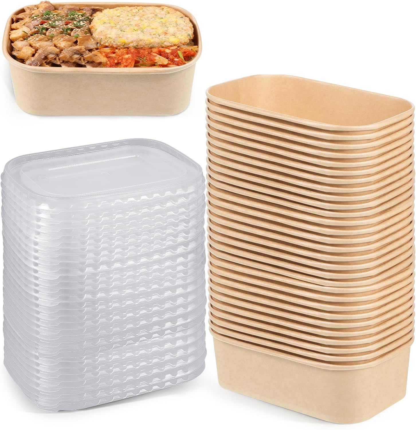 Amazon.com: 50Pack Paper Disposable Bowls with Lids, 22oz Rectangle ...