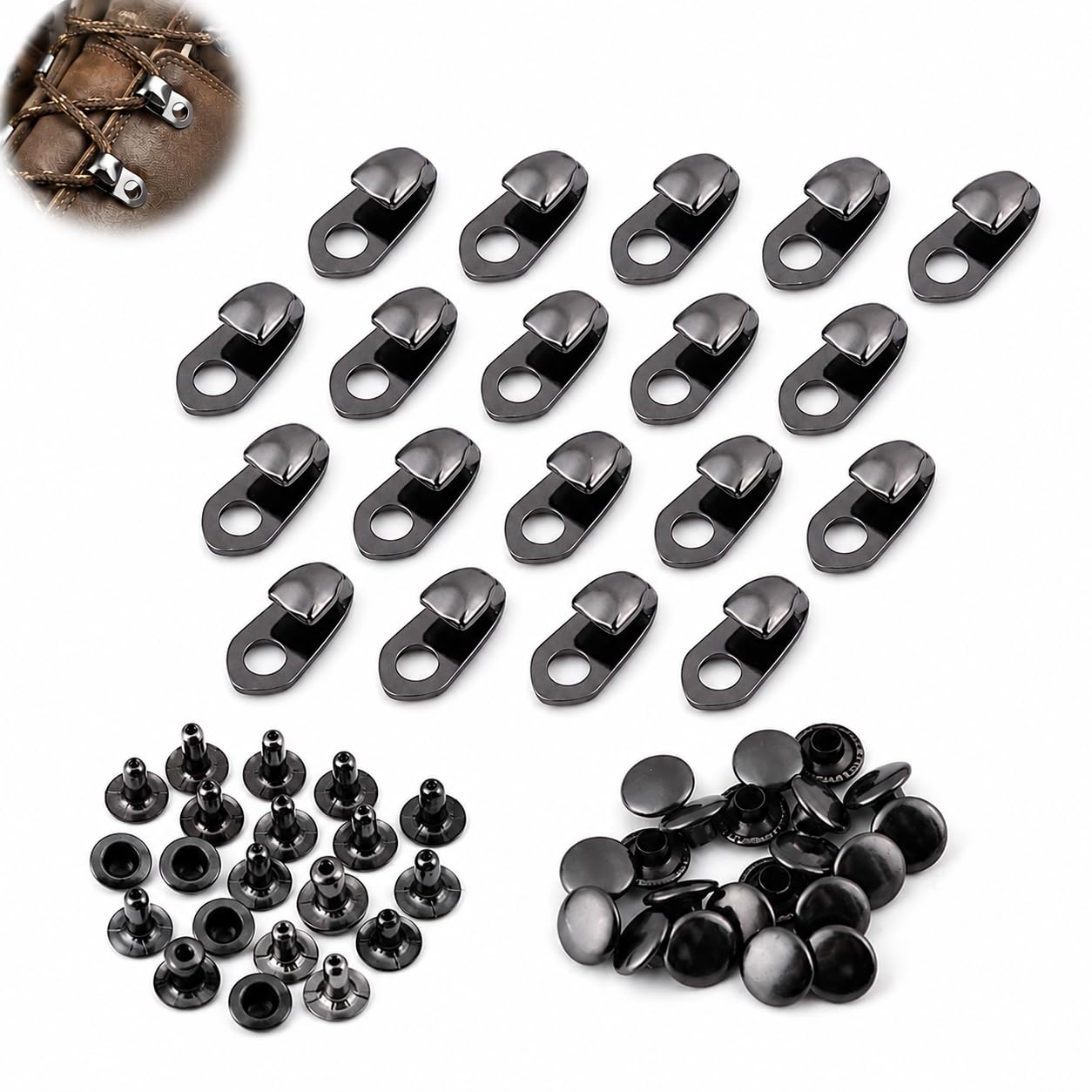 20 Sets Metal Boot Hooks with Rivets | Alloy Shoelace Buckles for Hiking Boots, Climbing Shoes, Bag Straps & DIY Leather Craft Repair Accessories (Black)-image-36