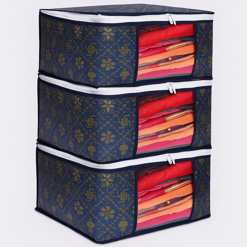 HOMFIL Brand - LAXIS Foldable Royal Print Saree Cover Set, Saree Bags, Saree Covers For Storage, Wardrobe Organiser | (Golden-Navy blue, Pack of 3)-image-45