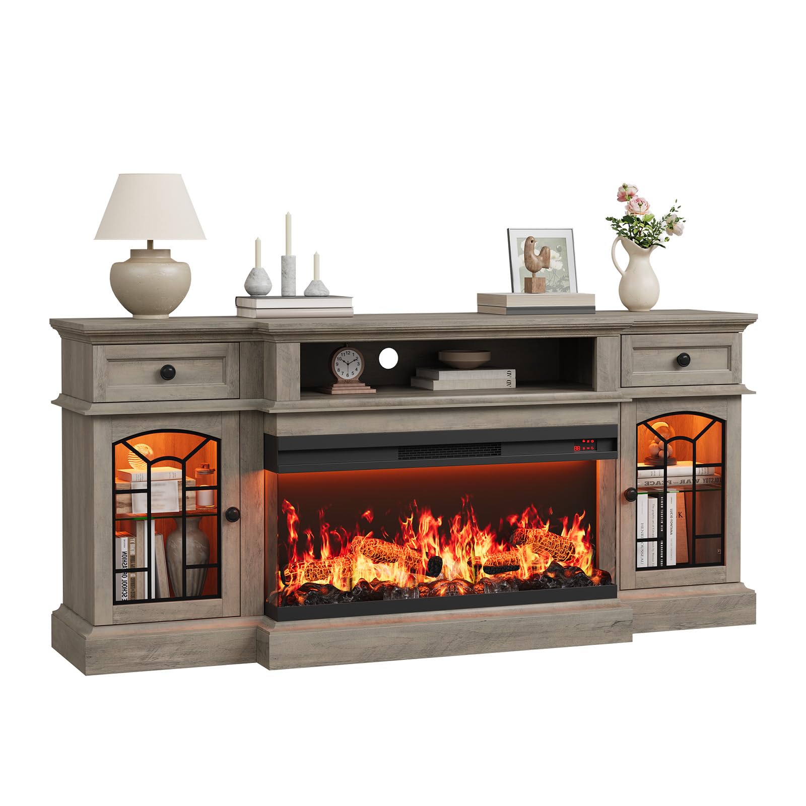 QUW 70" Farmhouse Fireplace TV Stand for TVs up to 80", Entertainment Center with 36" 3-Side Glass Electric Fireplace with Open Shelf and Cabinet, TV