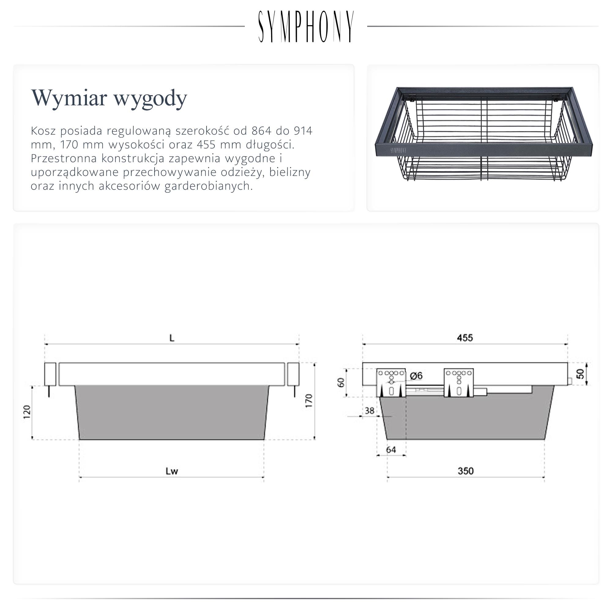 ATM Kosz Druciany Wysuwany do Szafy i Garderoby - Pełny Wysuw z Cichym Domykiem - Udźwig 35 kg - Regulacja Szerokości 864–914 mm - Aluminium + Stal - Antracyt