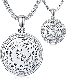 Serenity Prayer Necklace 925 Sterling Silver Praying Hands Coin Pendant Lords Prayer Bible Verse Jewelry for Men Women (with Gift Box)