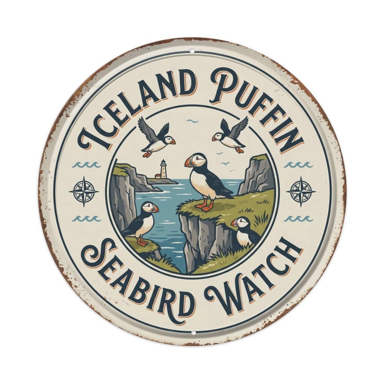 Puffin Seabird Watch Iceland Wildlife Metal Tin Sign Plaque Wall Decor for Cafe, Club Bar, Office, Home Garden Round Metal Poster 8x8Inch