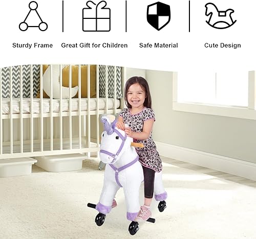 Miniatura 4 de kinbor Caballo mecedor de peluche en caballo caminando caballo unicornio paseo en juguete, regalo de cumpleaños del día del niño con ruedas y sonido