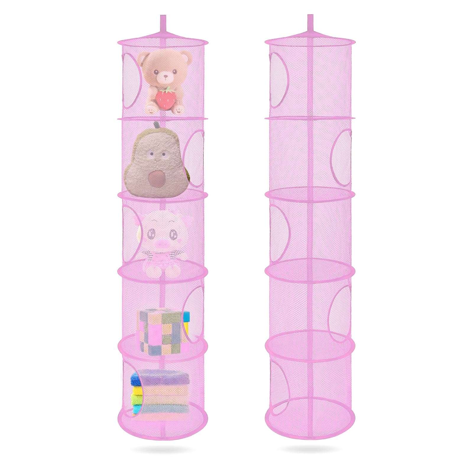 ZYETGH 5 Tier Hanging Mesh Storage Basket, 2 PCS Hanging Teddy Storage Net Foldable Soft Toy Storage Hanging Mesh Basket for Cuddly Toys Clothes Sundries (Pink)