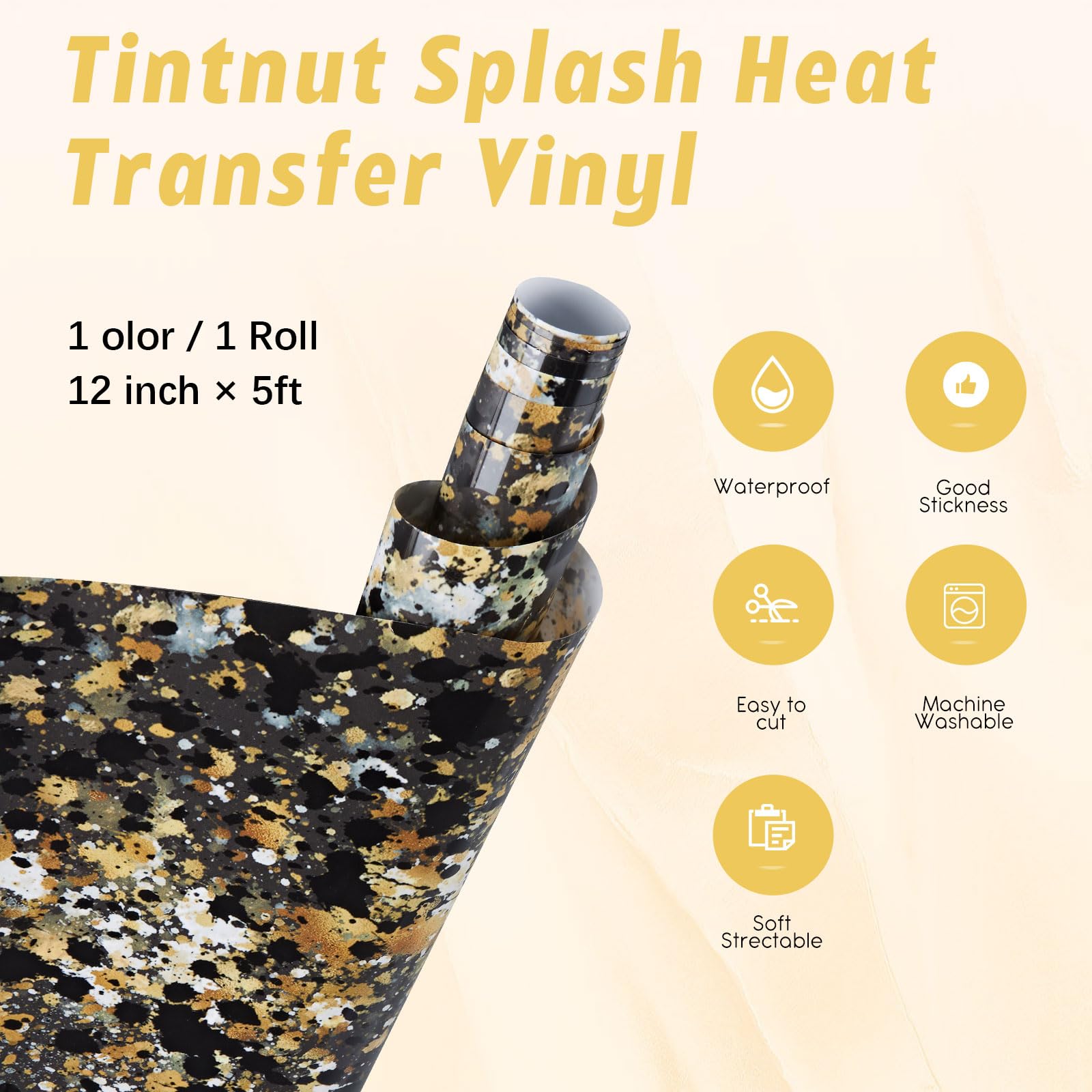 Tintnut Splash - Rollo de vinilo de transferencia de calor, 30,5 cm x 1,52 m, estampado de tinta de acuarela negra y dorada, vinilo para planchar, camisetas, sombreros, ropa, bolsas de lona para