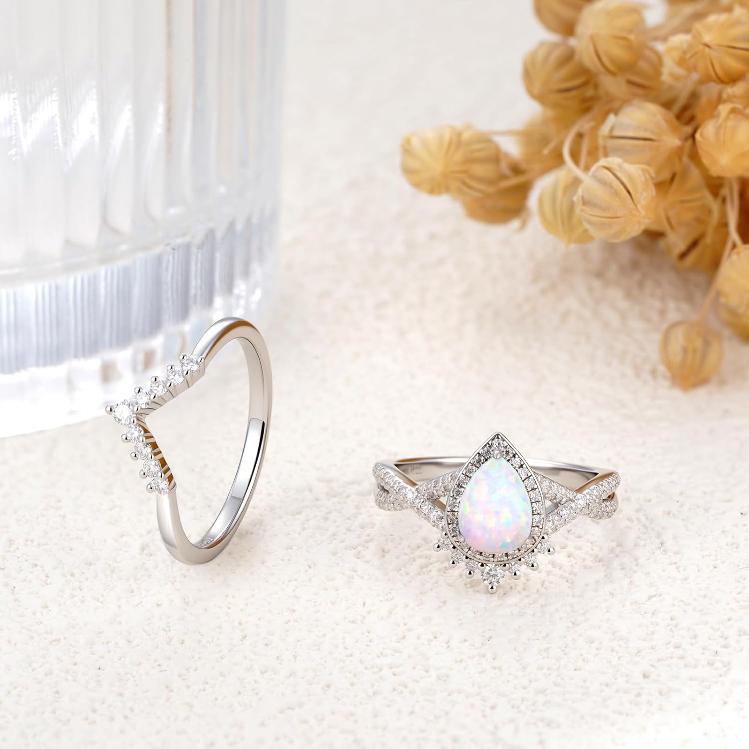 1.52 Carats Opal Teardrop Wedding Ring Set Sterling Silver Infinity Twisted Bridal Sets, 18K White Gold Platinum Plated Pear Cut White Opal Engagement Ring Sets for Women Gift for Anniversary Birthday