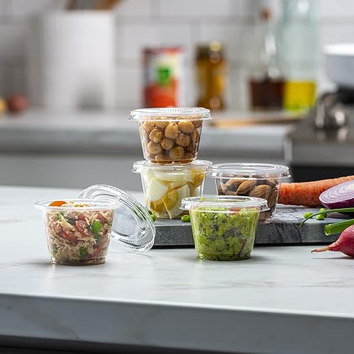 Miniatura 9 de 1.5 oz  200 juegos Vasos de plástico transparente con tapas, pequeños recipientes pequeños para control de porciones, chupitos de gelatina,