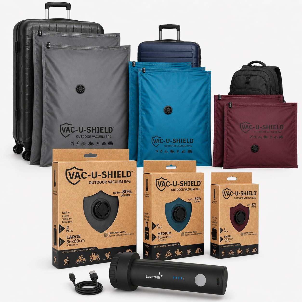 Vac-U-Shield 6 Vakuumbeutel + Vac-U-Pump, 3 Größen S M L, Outdoor-Set | 6 Outdoor-Beutel (S M L) + kabellose USB-C-Pumpe; Universalventil, von Hand oder Pumpe, bis zu -80% Volumen