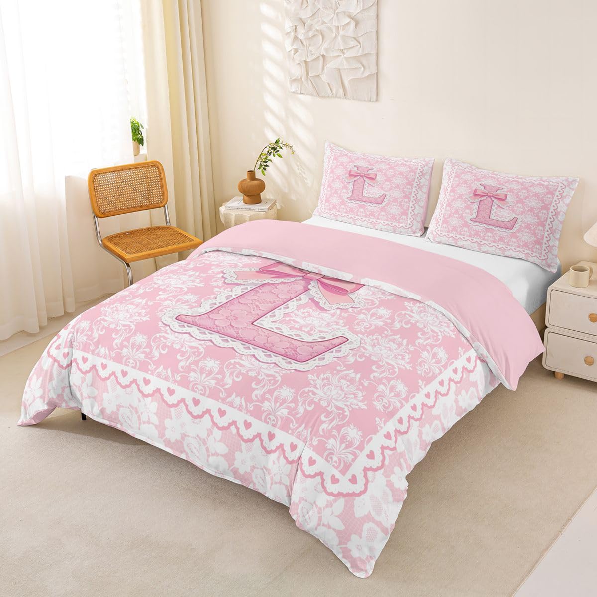 Homewish Początkowa litera koronka L kokardka różowa super king poszewka na kołdrę kwiaty kokarda zestaw pościeli Kawaii dziewczyny dzieci alfabet poszewka na kołdrę ciepła miękka pościel