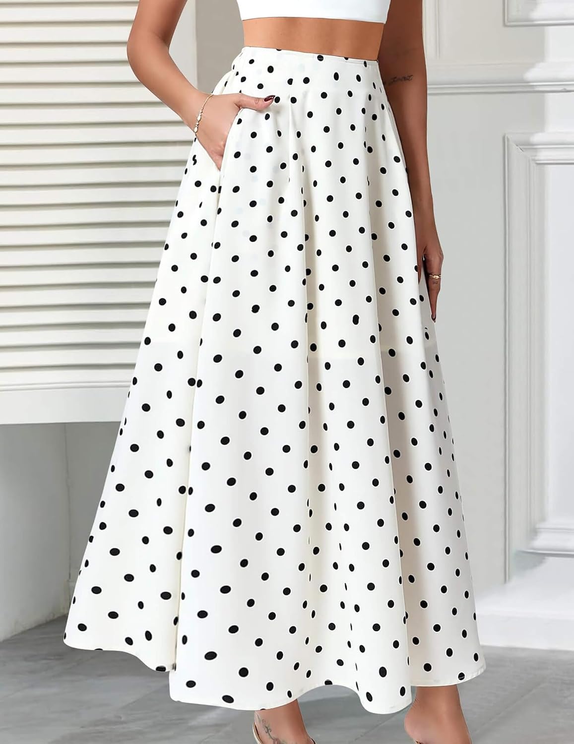 DERAX Women's Polka Dot Flowy Maxi Skirt A-Line High Waisted Vintage Retro Elegant 2026 Spring Summer Long Skirt with Pockets