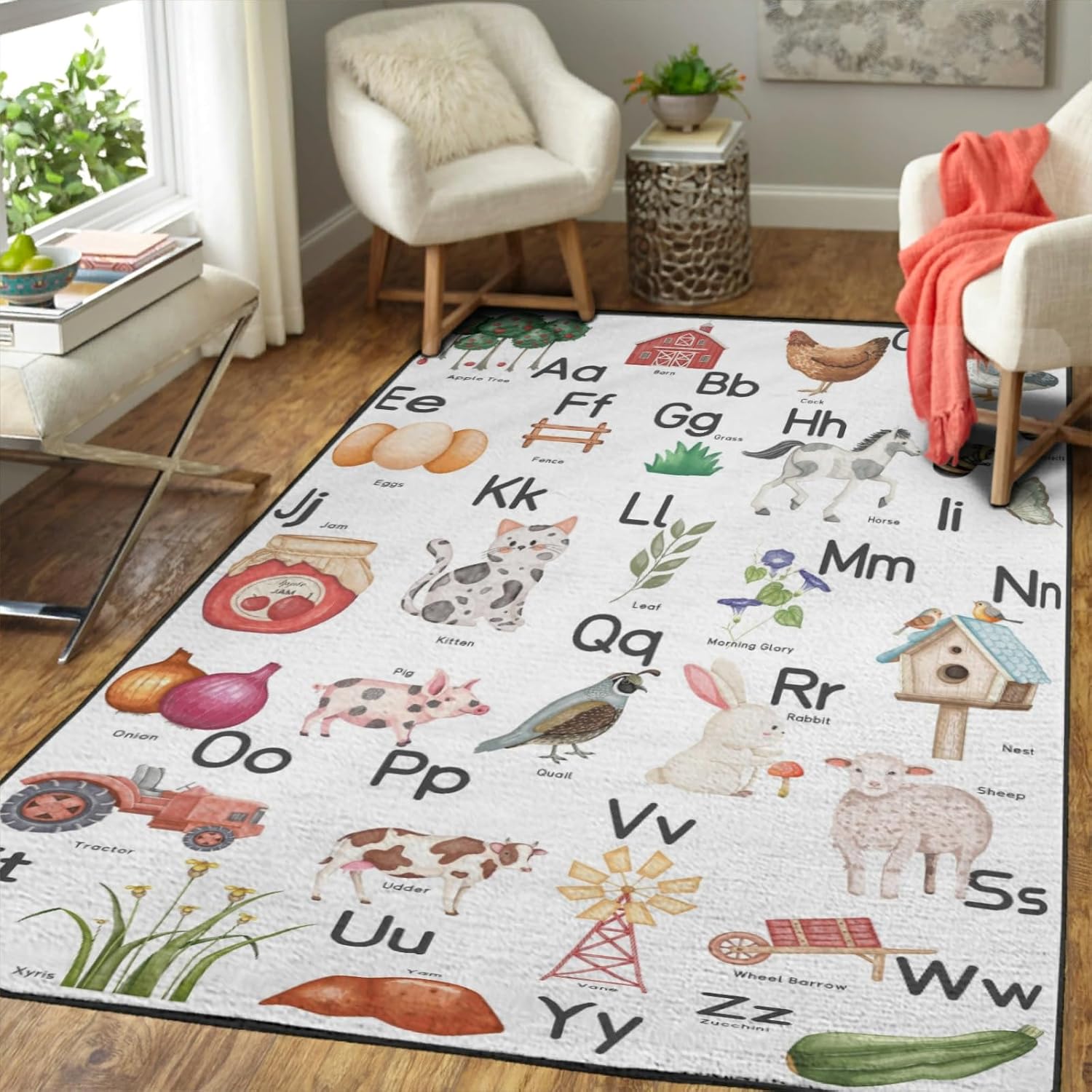 Large Area Rugs Cute Farm Life ABC Learning Indoor Floor Carpet for Kids Toddler Baby Nursery Bedroom Decor Rugs Daycare Playmat Bathroom Living Room Kitchen Entryway Door Mats 48x72inch