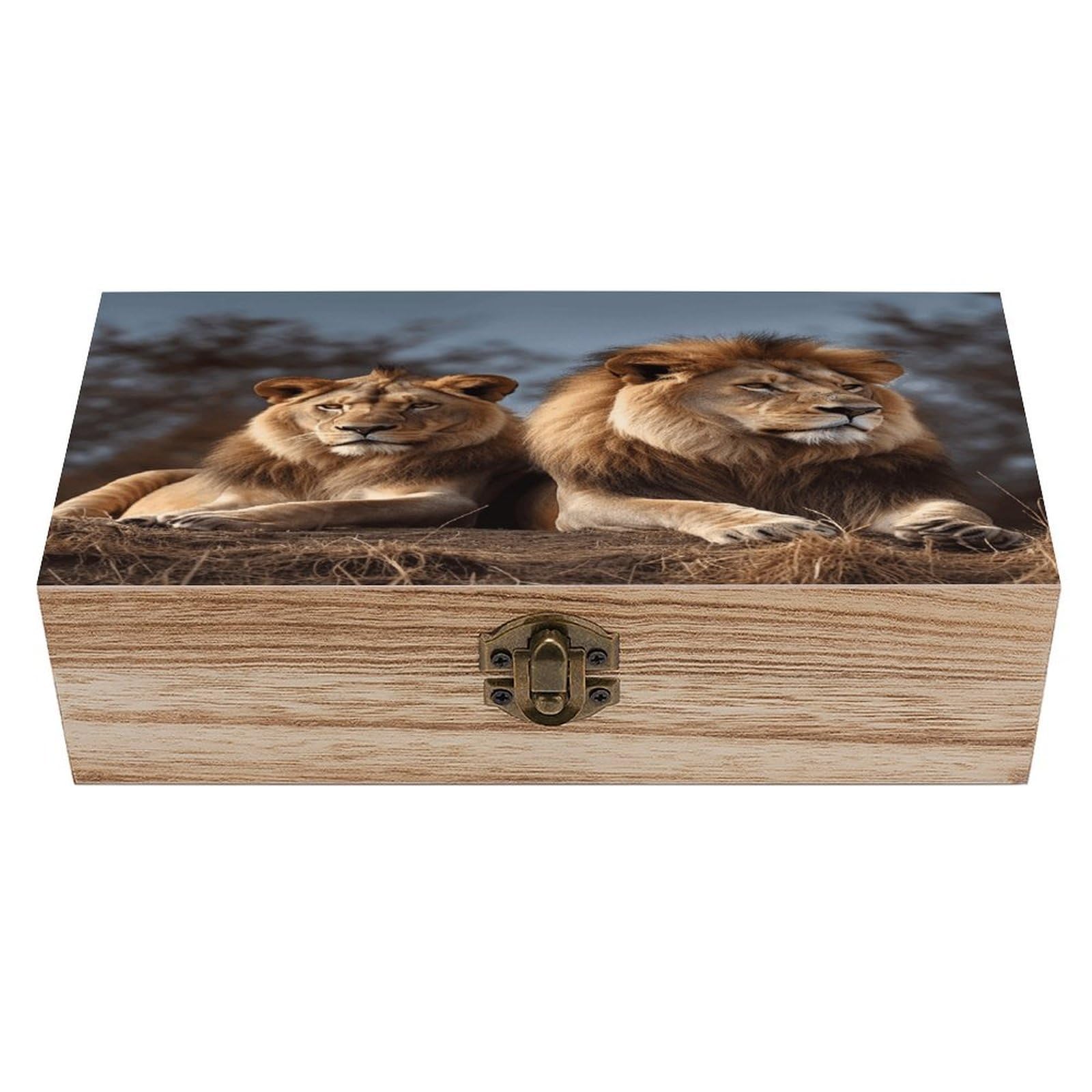 VstaDank Two Lions Wooden Storage Box Wooden Keepsake Box with Hinged Lid Exquisite Solid Wood Decorative Jewelry Case Memory Box for Jewelry Photos Letters Crafts Trinkets