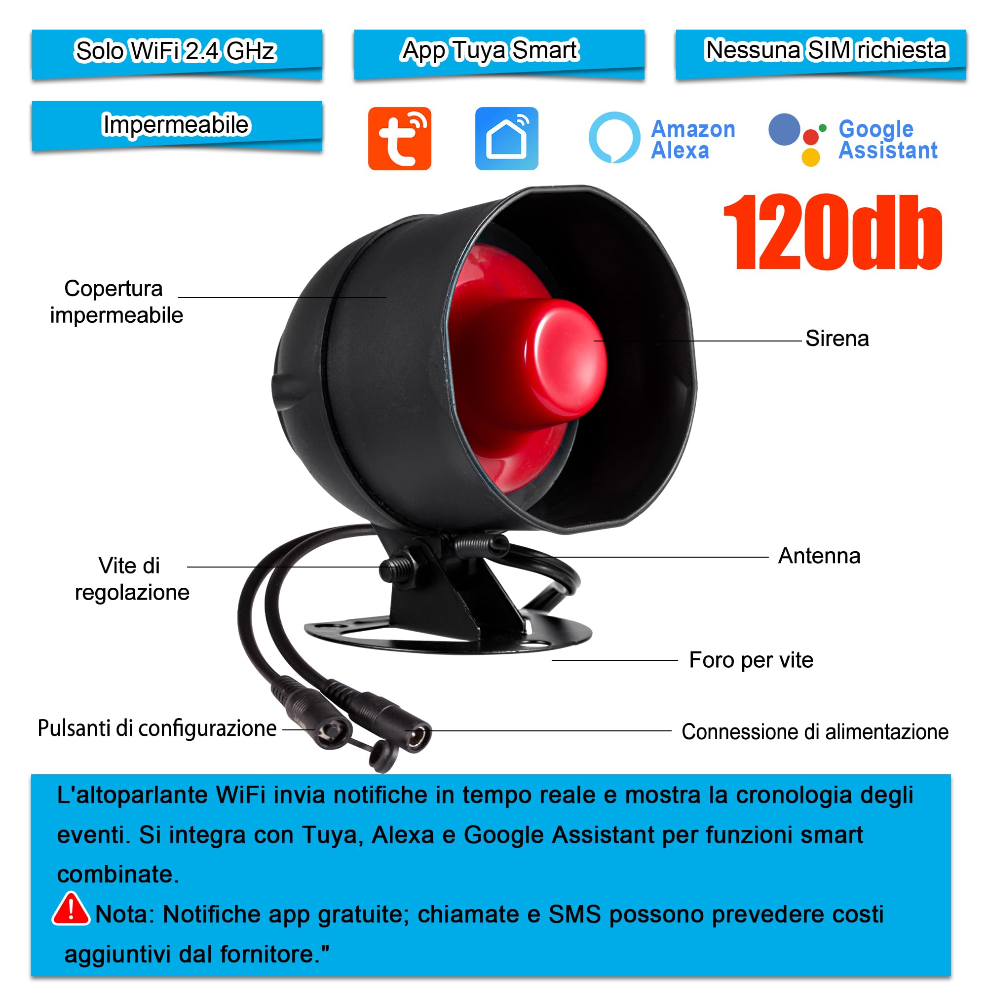Sistema di allarme WiFi, 120 dB, sistema di allarme radio per la sicurezza domestica, con 2 sensori di movimento e telecomando per capannoni e garage