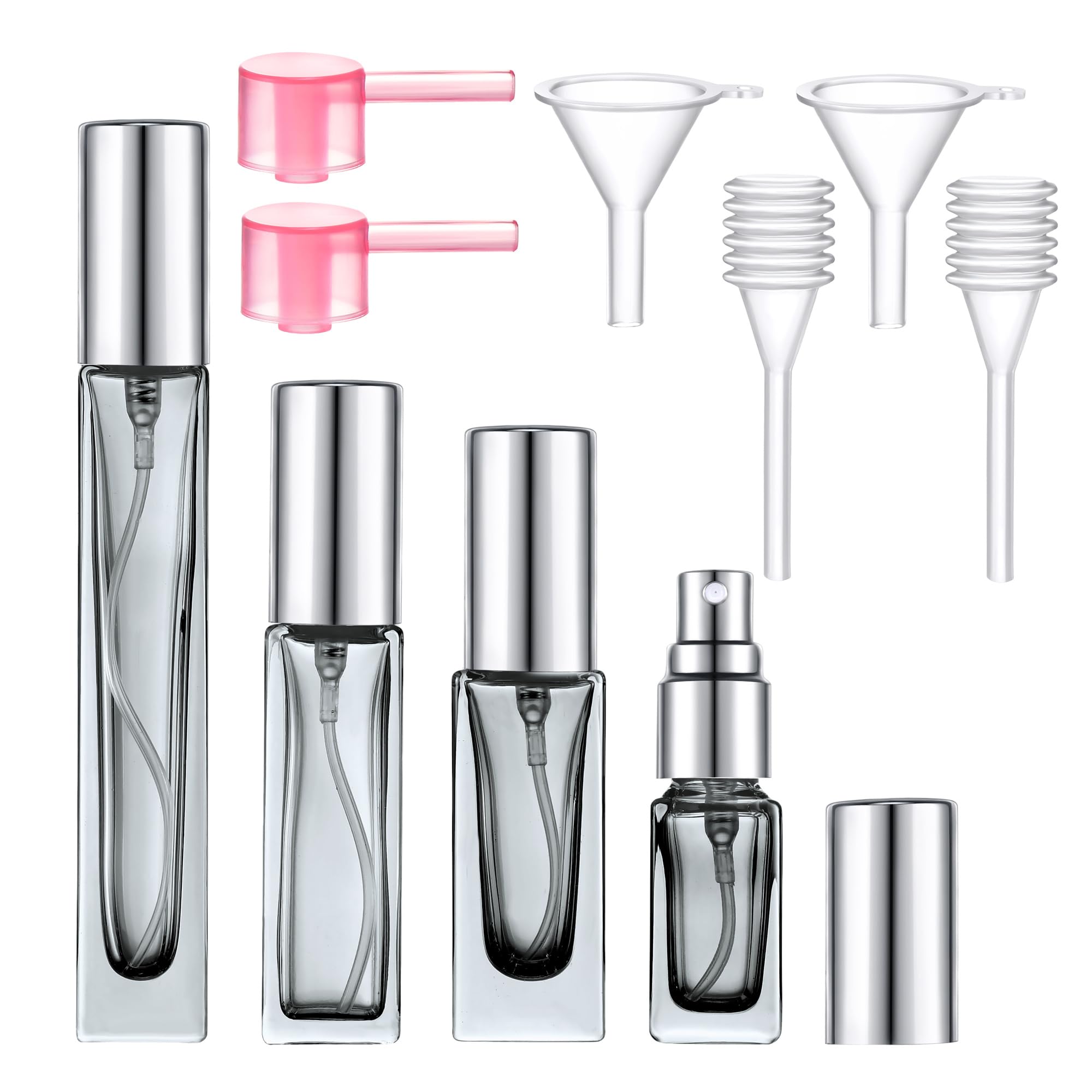 Yikimyfo 4 Pcs Mini Glass Perfume Atomizer Spray Bottles, 3ml/5ml/9ml/10ml Leakproof Small Travel Perfume Bottle Refillable Fine Mist Cologne Travel Bottle with Tool