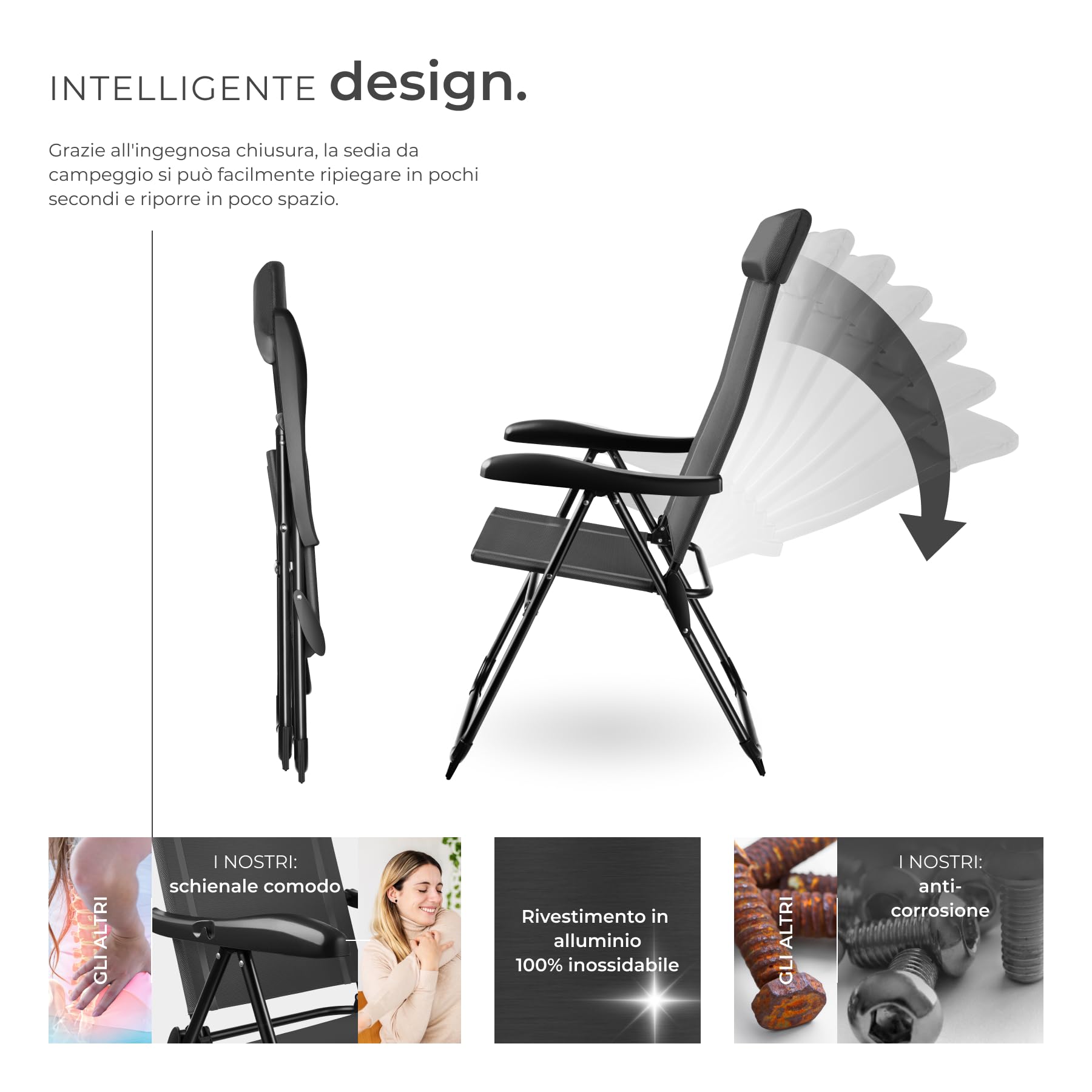 tectake® Set 2 Sedie Campeggio Pieghevoli, Schienale Regolabile 7 Posizioni, Alluminio Inossidabile, Textilene Traspirante, Braccioli Ergonomici, Cuscino Poggiatesta Rimovibile Antiscivolo - Antracite